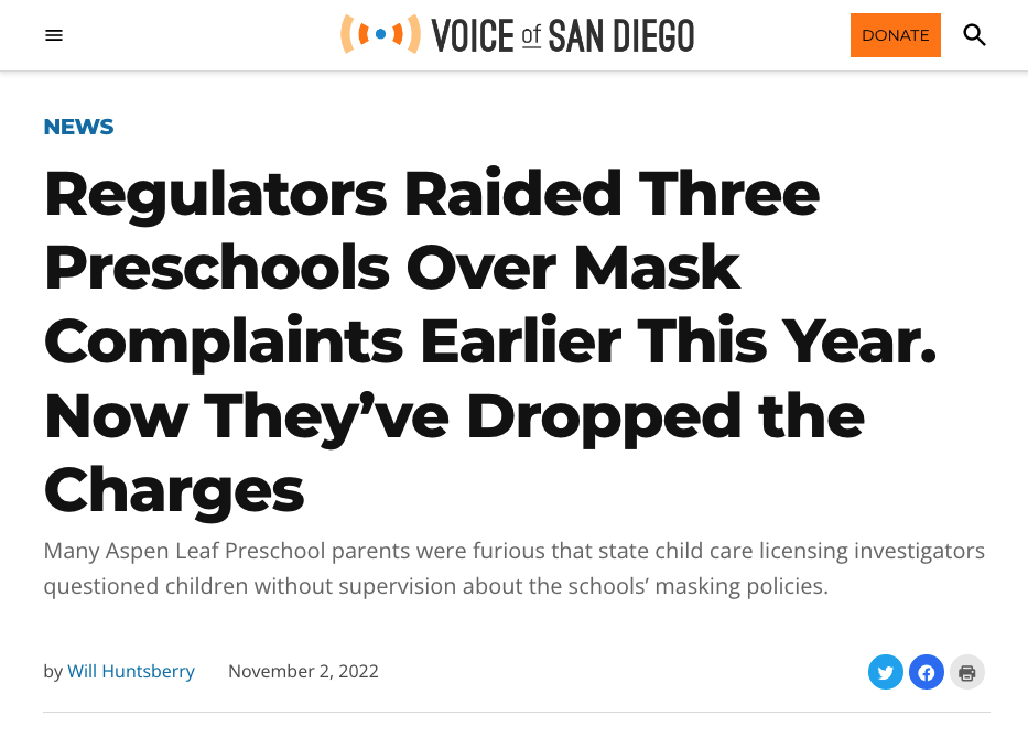Screenshot of Voice of San Diego headline, "Regulators Raided Three Preschools Over Mask Complaints Earlier This Year. Now They've Dropped the Charges
